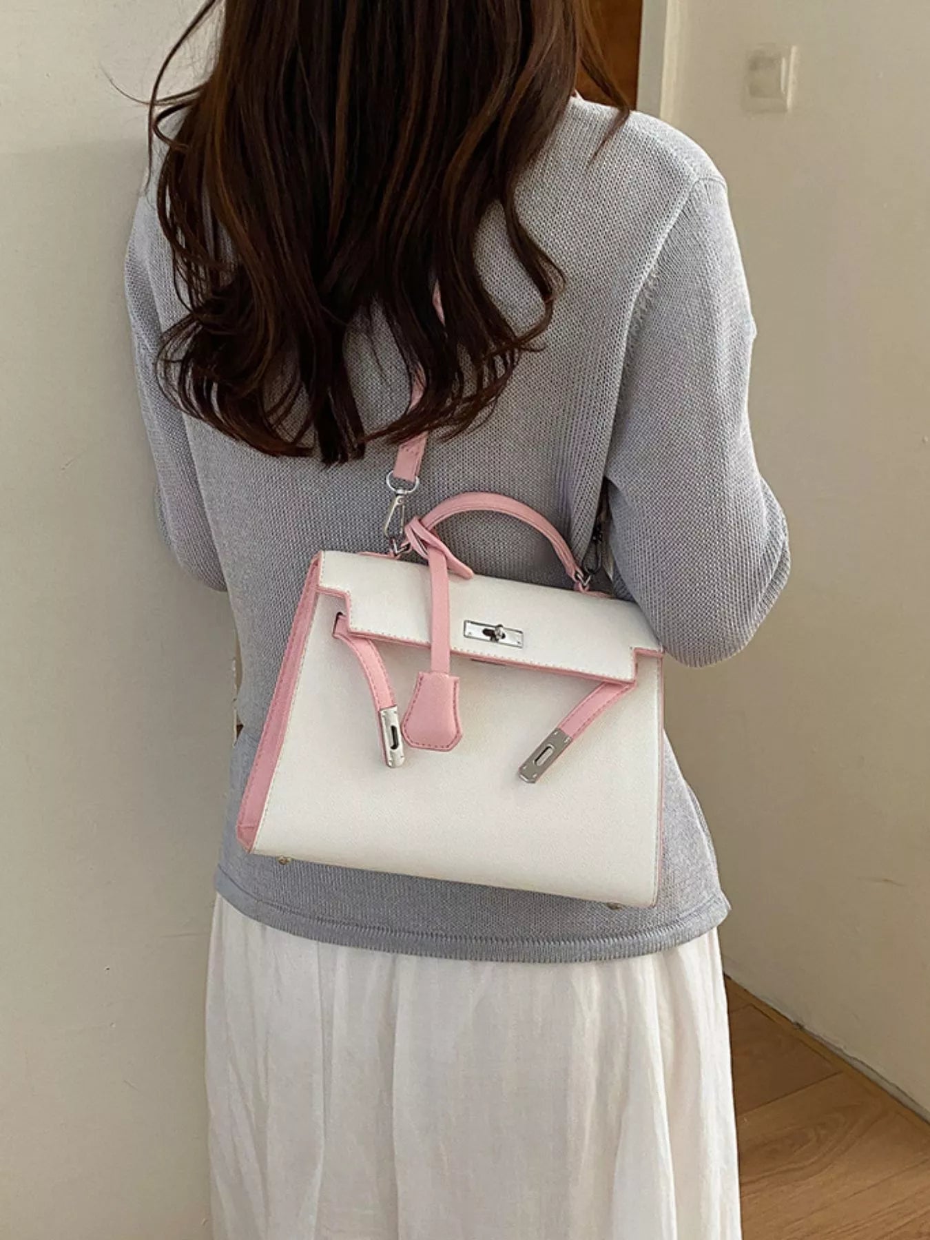 Contrast Trimmed Top-Handle Crossbody Bag - PU leather crossbody bag, view 1