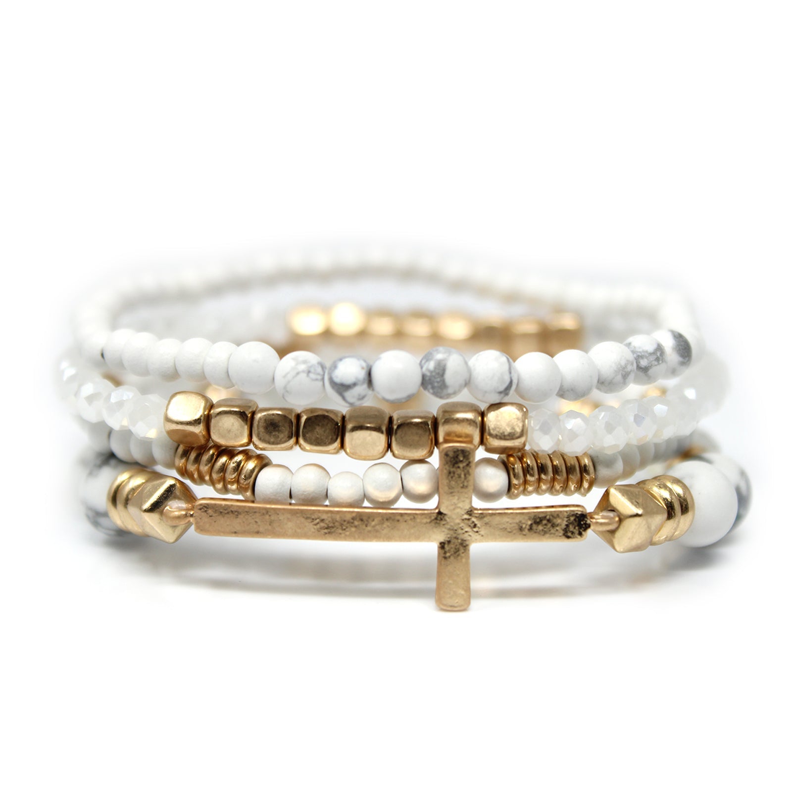 Set Of 4 Stone And Wooden Beads Bracelet in White Marble