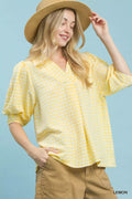 Umgee Gingham Puff Sleeve Collared Blouse in Lemon - front view showing V-neck collar and puff sleeves