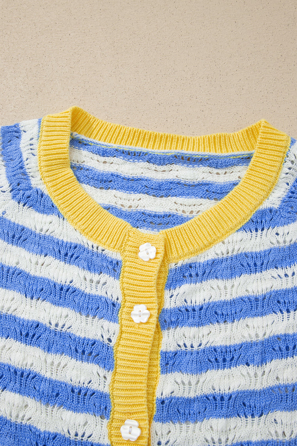 Stripe Colorblock Button Front Cardigan in sky blue stripe, close-up