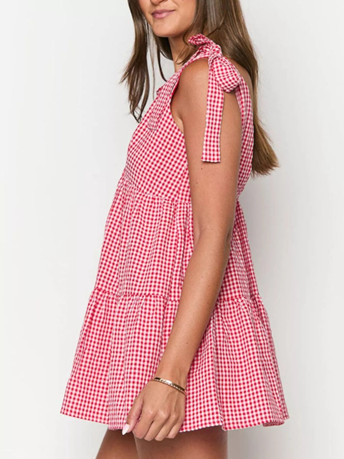 Gingham Tie-Shoulder Mini Dress in Scarlet - back view