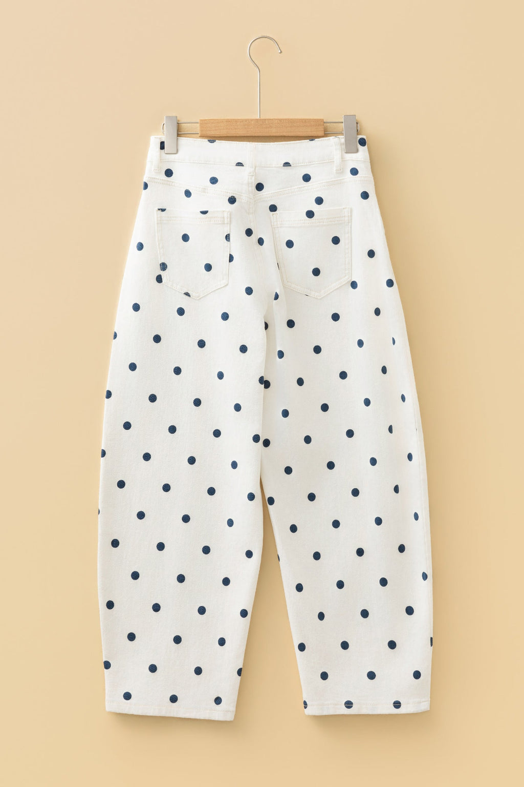 Polka Dot Tailored Seam Ankle Length Jeans - close up of polka dot fabric and tailored seam detail