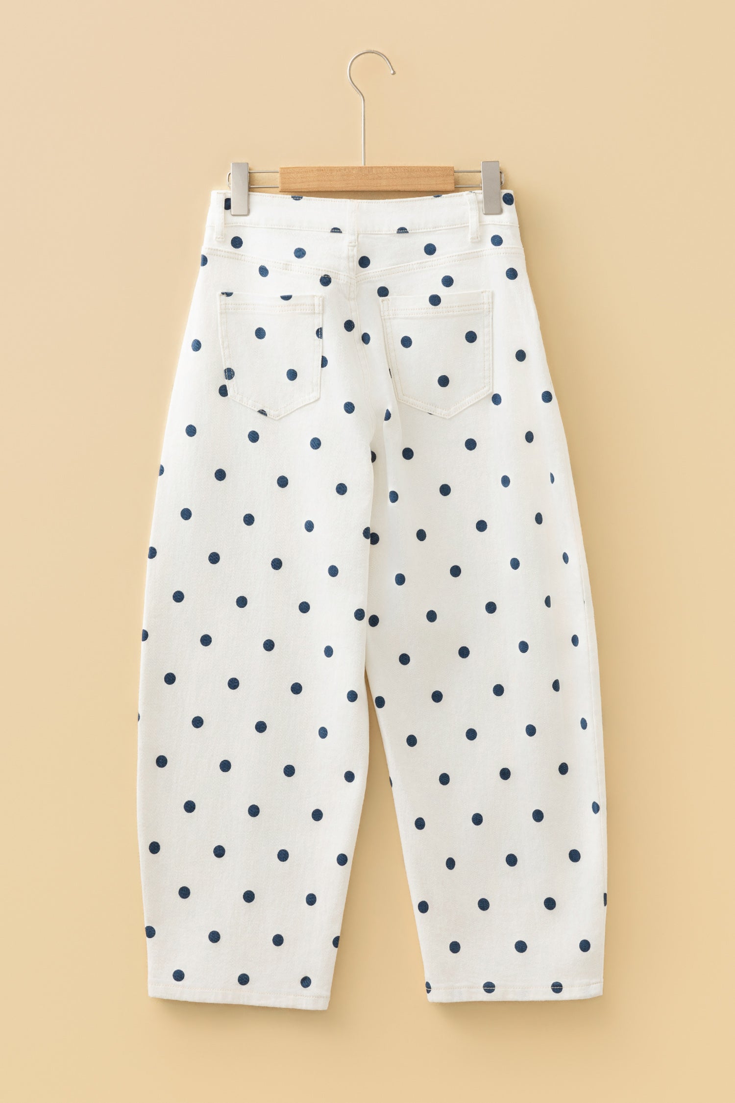 Polka Dot Tailored Seam Ankle Length Jeans - close up of polka dot fabric and tailored seam detail