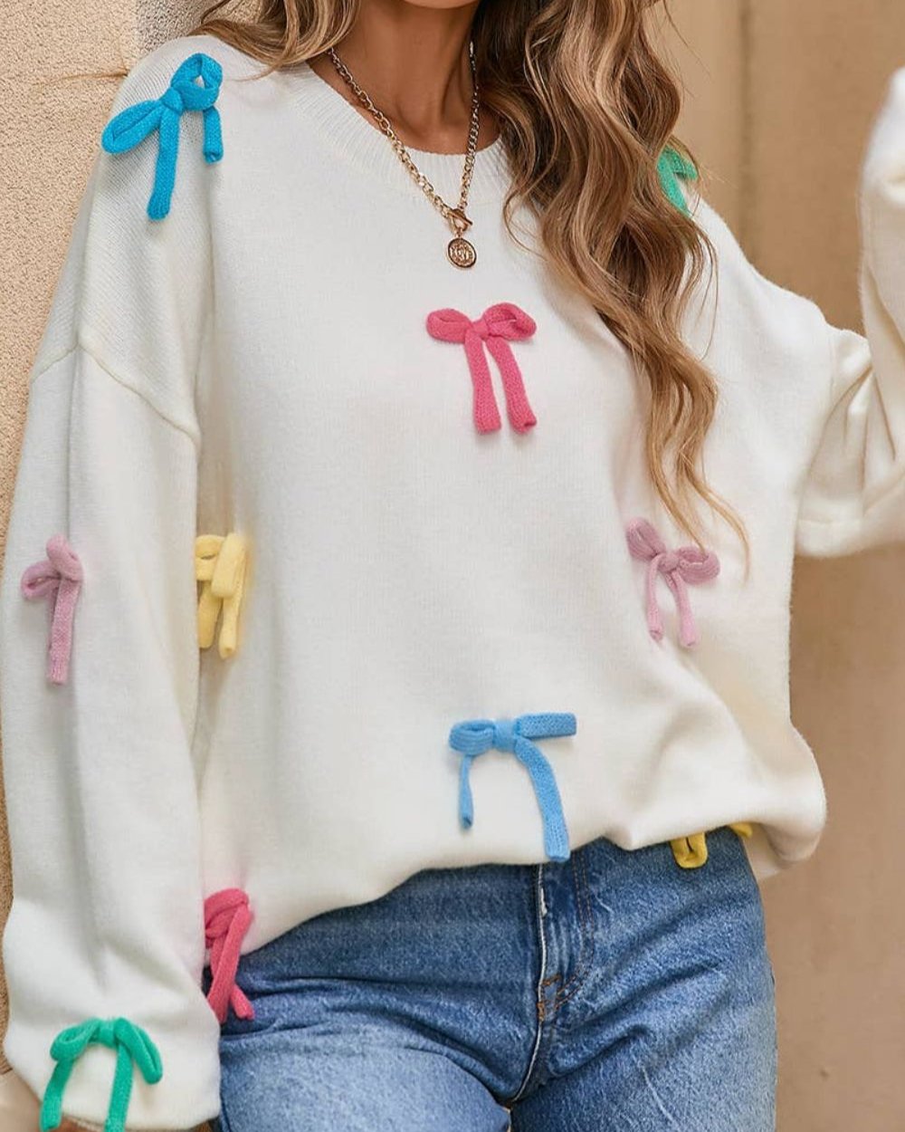 Contrast Bow Round Neck Dropped Shoulder Sweater