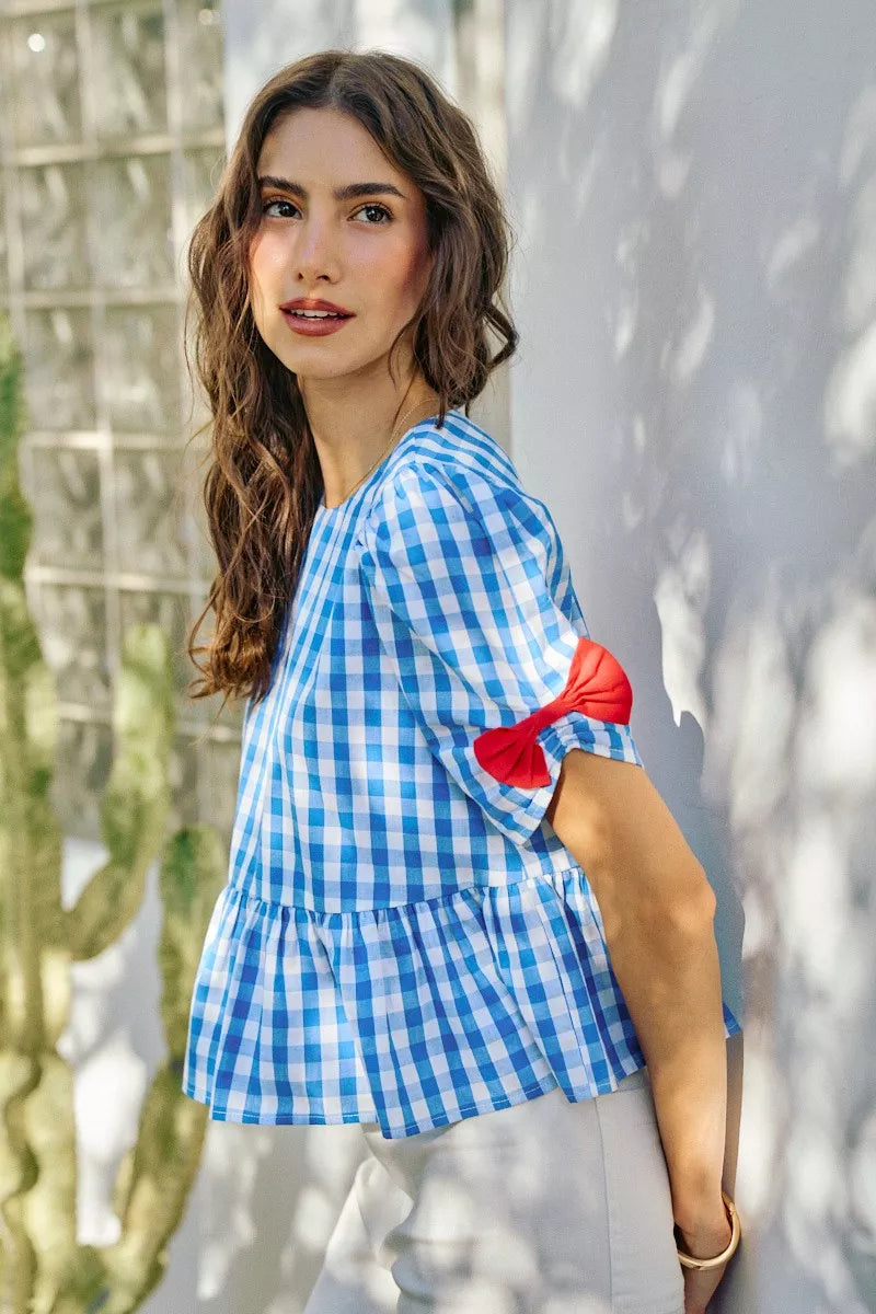 SO ME 4th Of July Gingham Ribbon Detail Short Sleeves Blouse - full length styled view