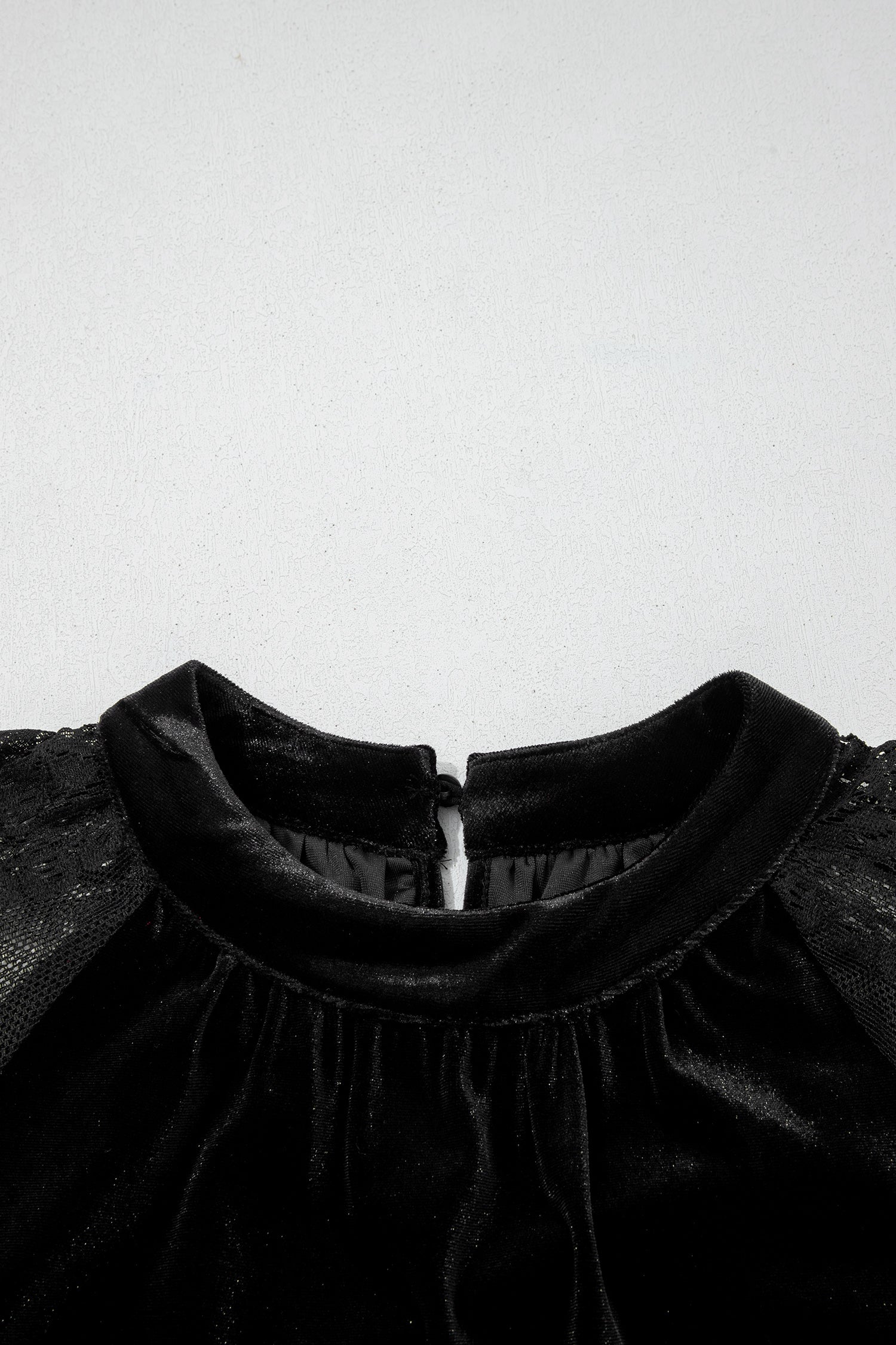 Solid Velvet Patchwork Sheer Lace Long Sleeve Blouse, back view
