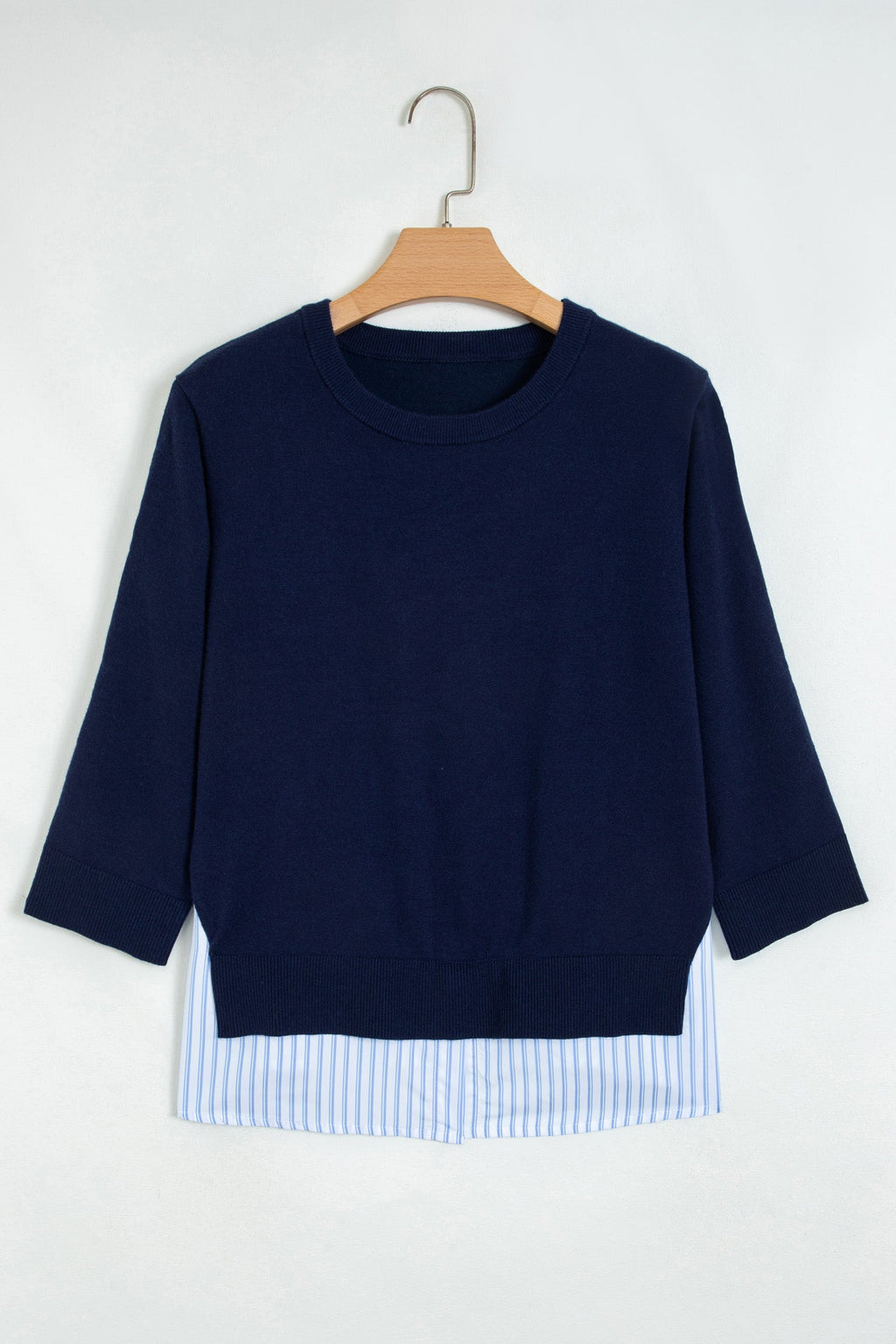 Stripe Patchwork Drop Shoulder Sweater in navy blue, detail