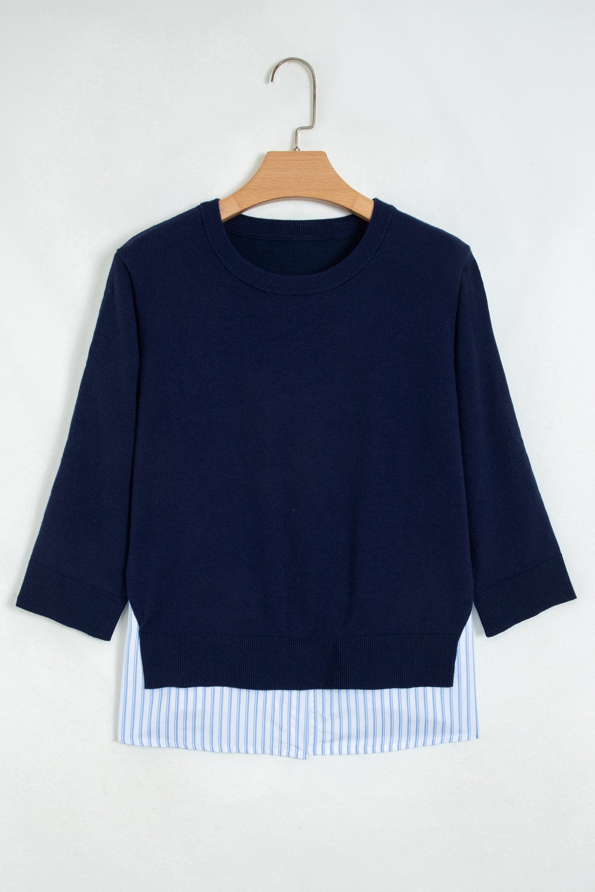 Stripe Patchwork Drop Shoulder Sweater in navy blue, detail