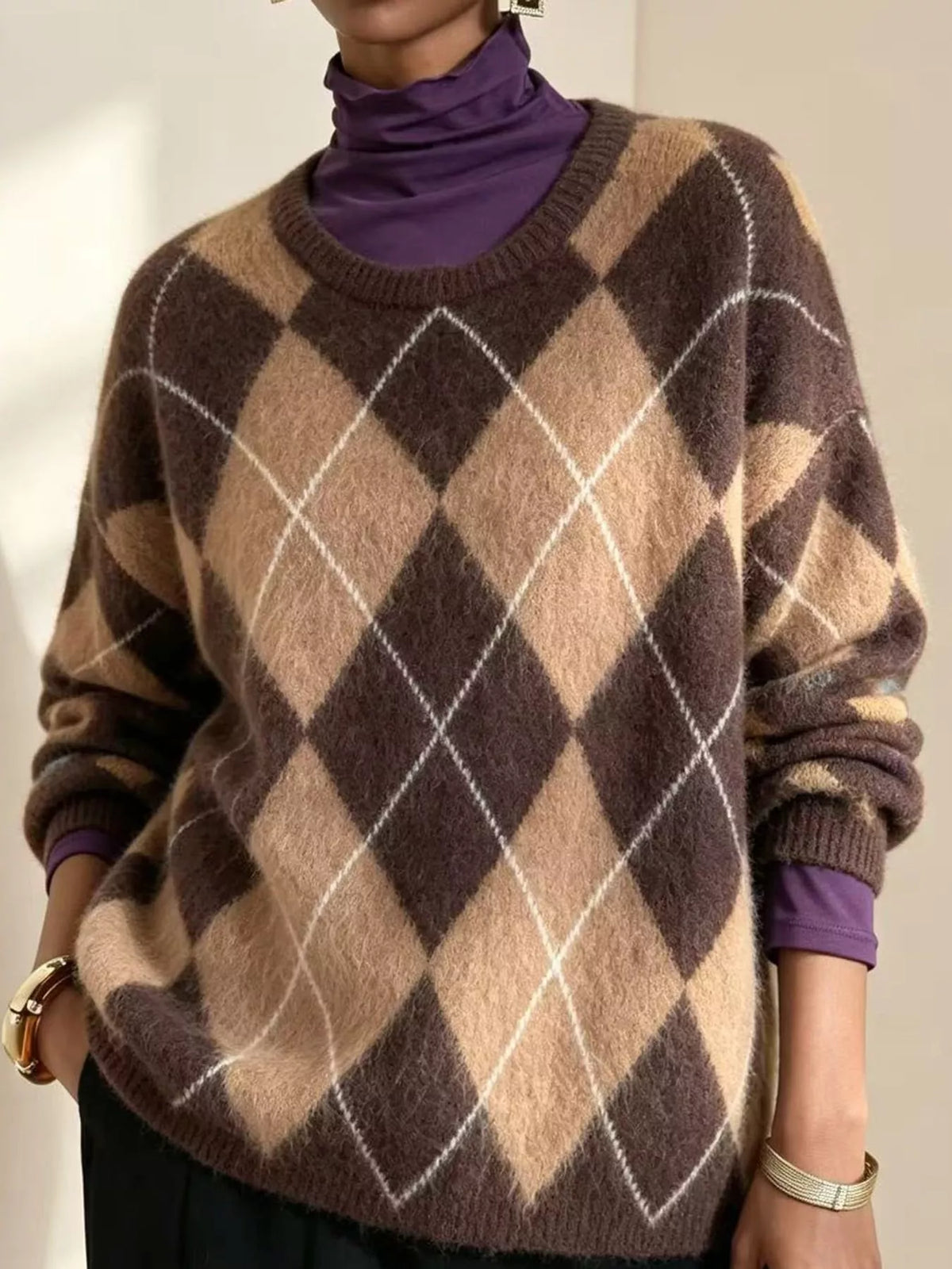 Argyle fuzzy knit sweater, women's relaxed fit - view 7