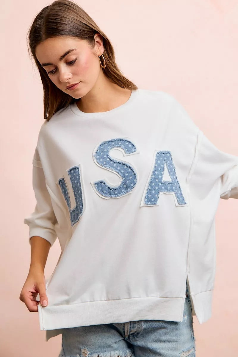 BiBi 4th Of July USA Letter Patchwork French Terry Top - side view