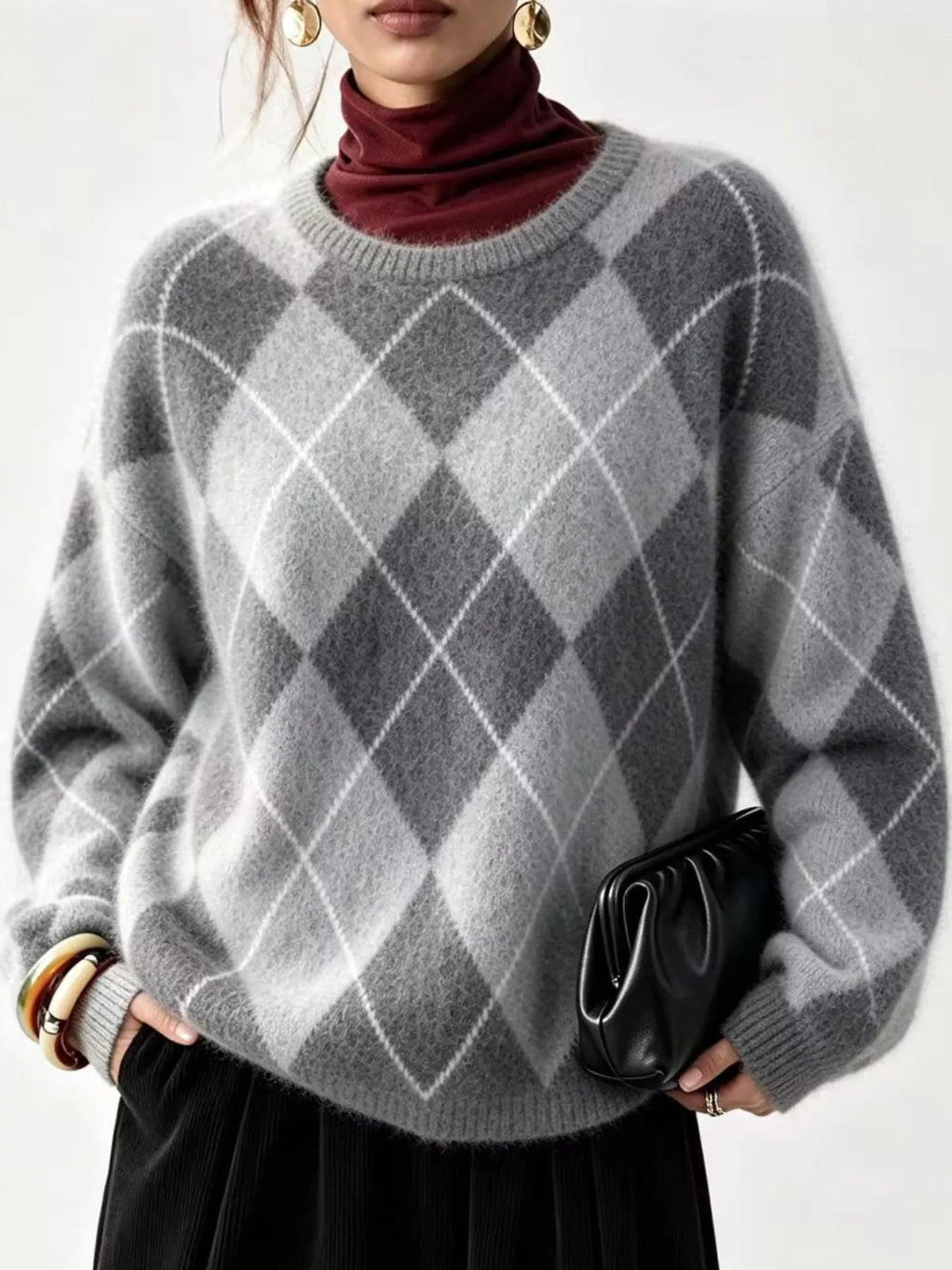 Argyle fuzzy knit sweater, women's relaxed fit - view 19