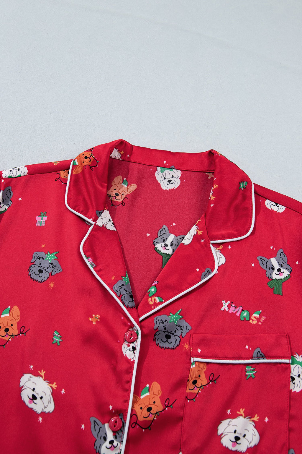 Christmas Dog Print Top & Shorts Pajama Set in racing red, back view