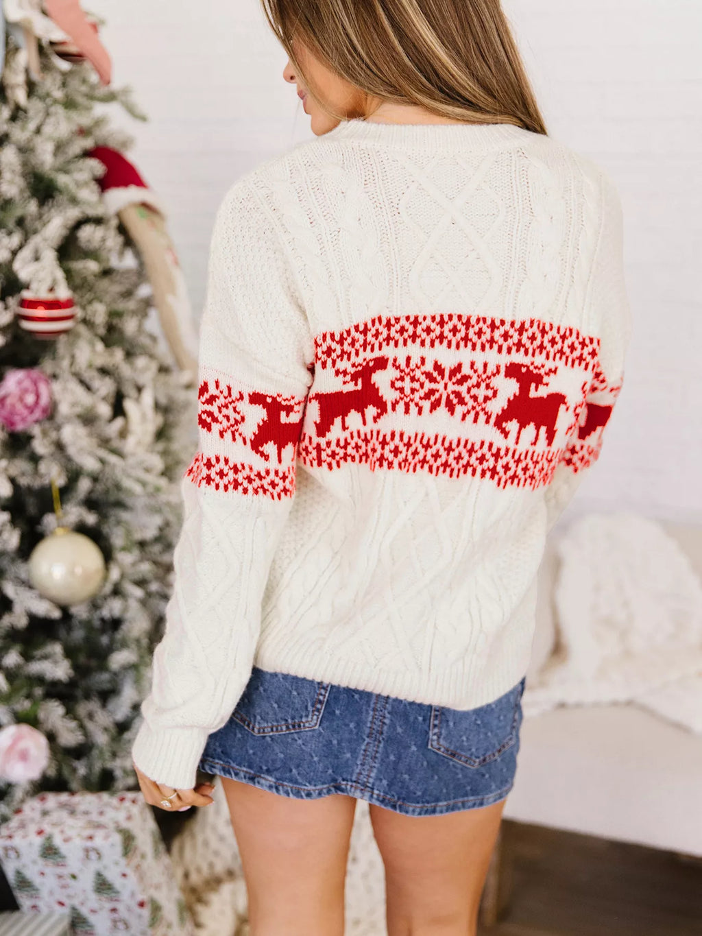 Cream reindeer cable knit Christmas sweater - view 2