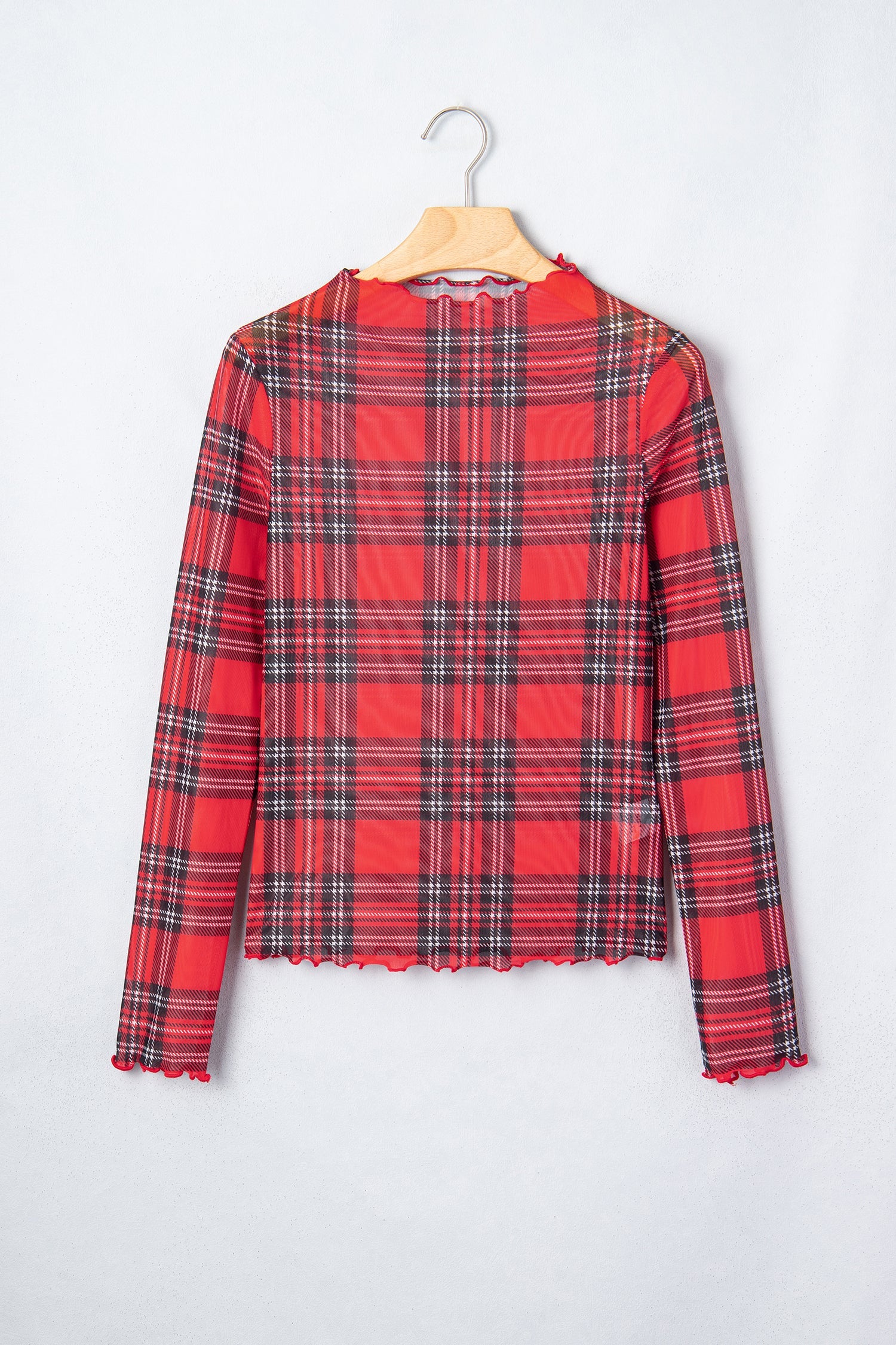 Plaid Mesh Lettuce Trim Top in red, detail