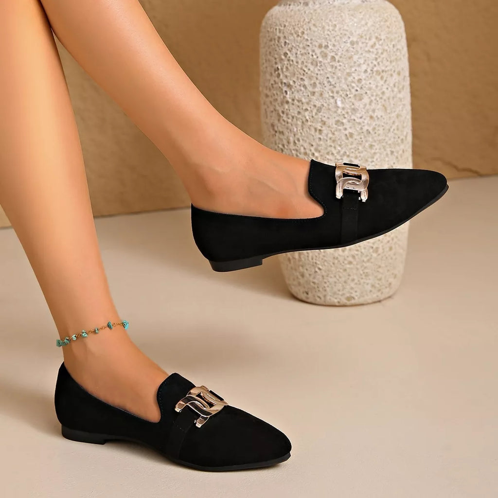 Pointed Toe Chain Detail Loafers in matcha green, black and pink, alternate view