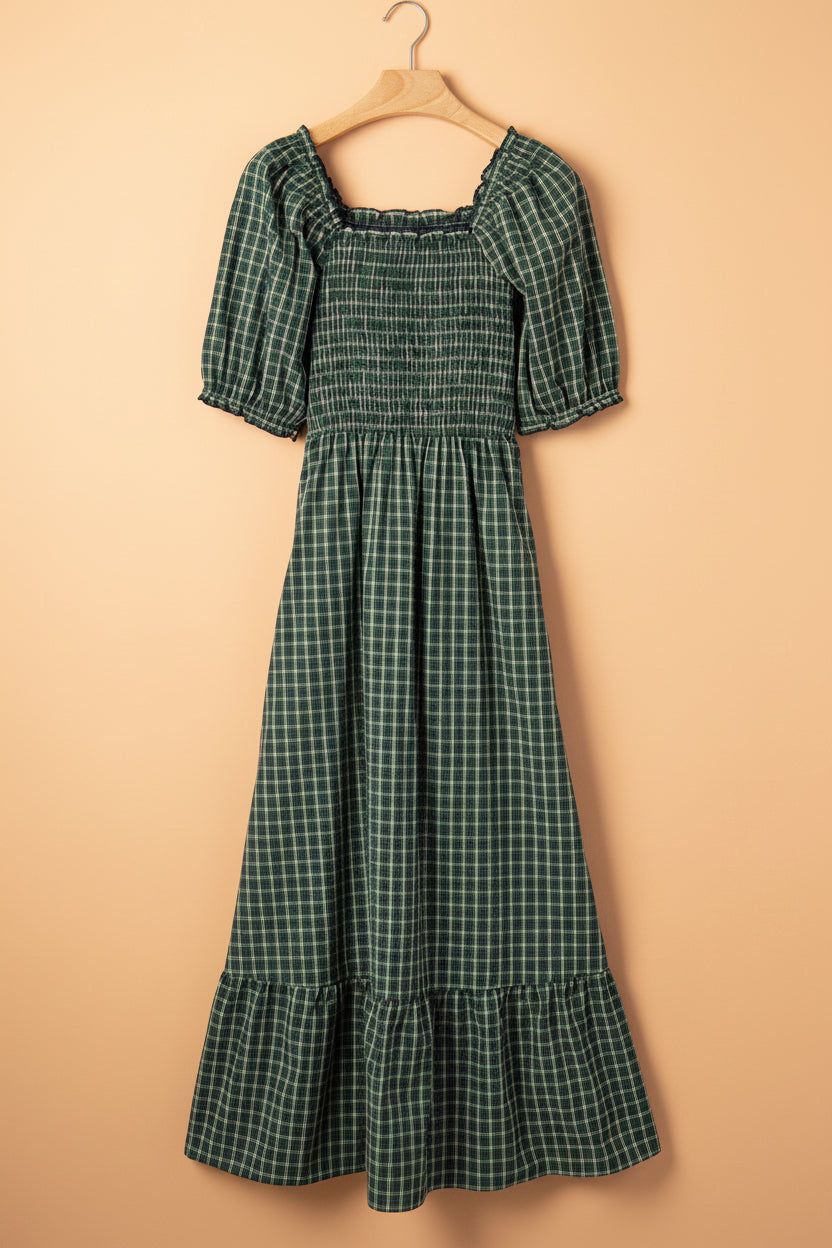 Plaid Shirred High Waist Square Neck Ruffle Hem Dress in Green, detail view