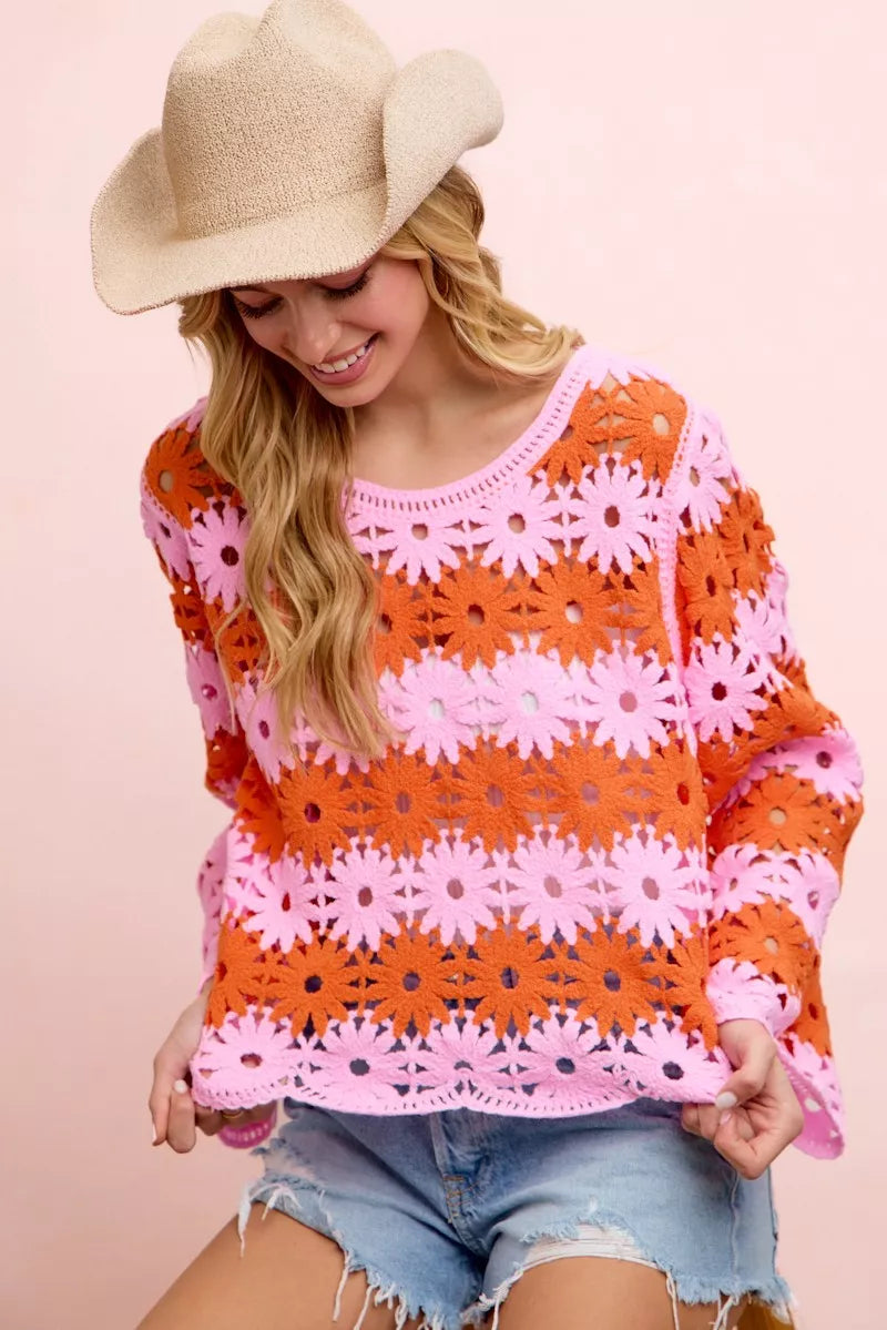 Flower crochet knit top with lightweight open crochet fabric