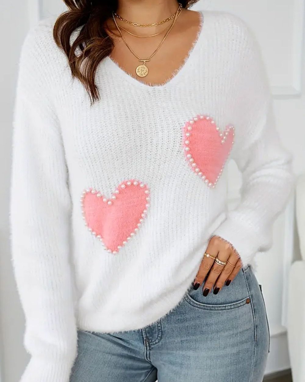 Heart V-Neck Long Sleeve Sweater