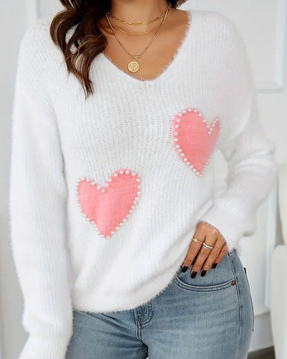 Heart V-Neck Long Sleeve Sweater