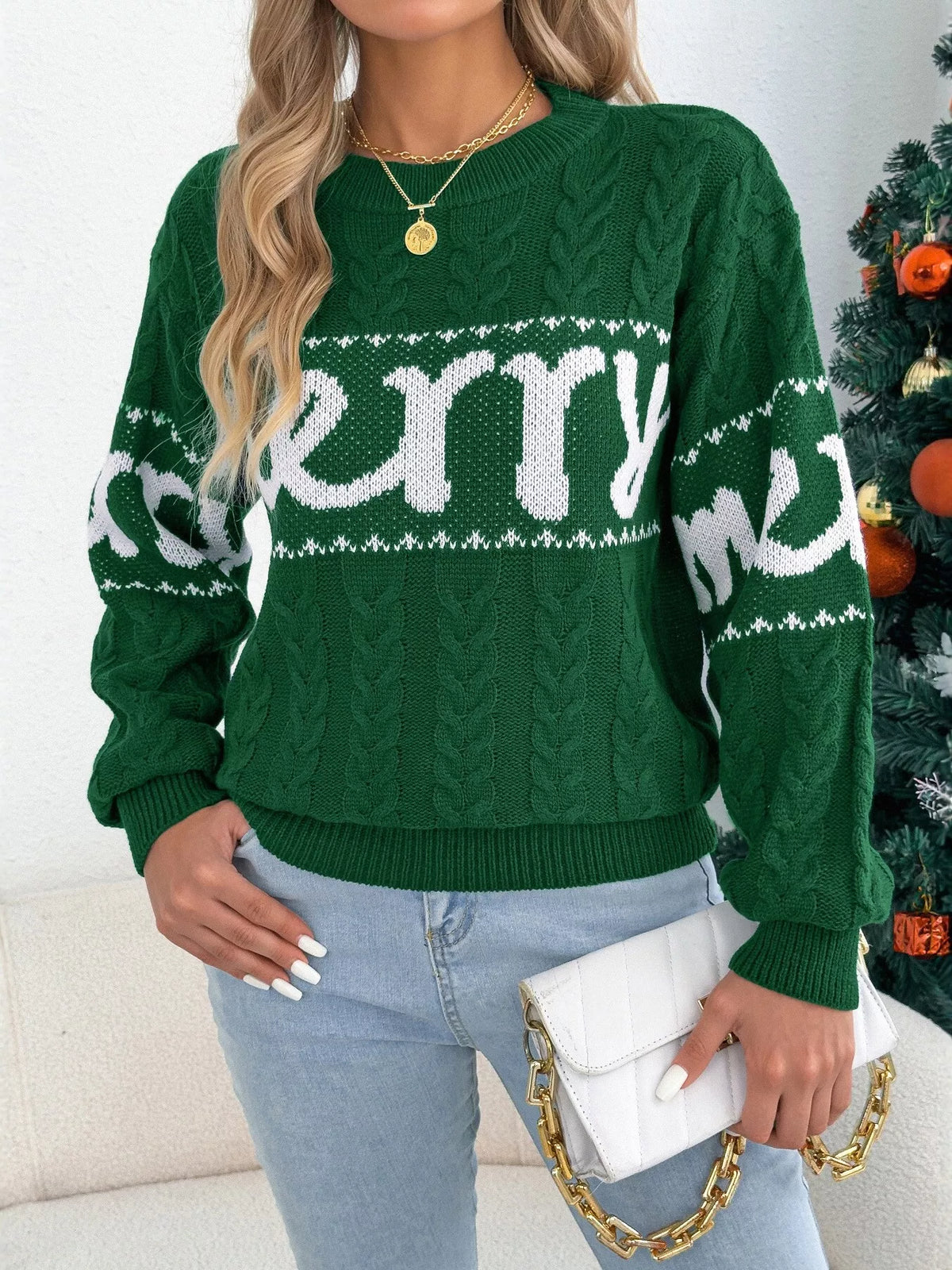 Merry cable knit Christmas sweater in red and green - view 4