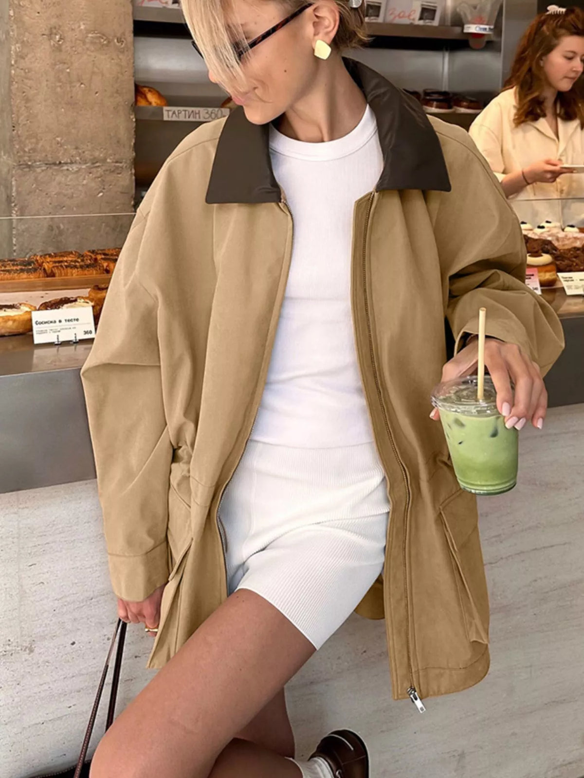 Oversized Contrast Collar Jacket with Drawstring Waist - styled view