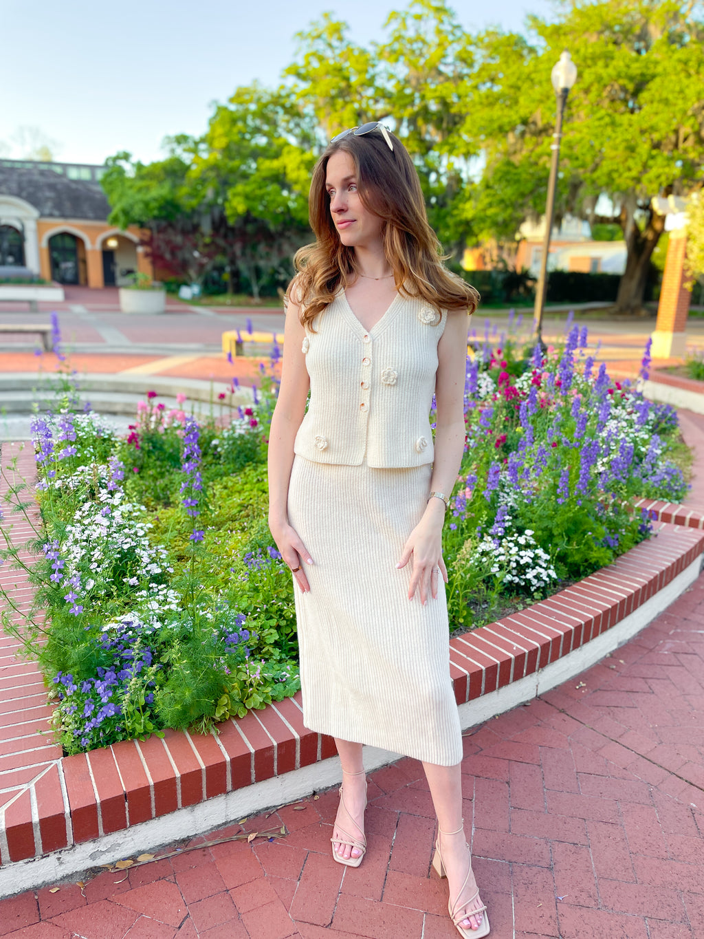 Flower V-Neck Vest and Skirt Sweater Set