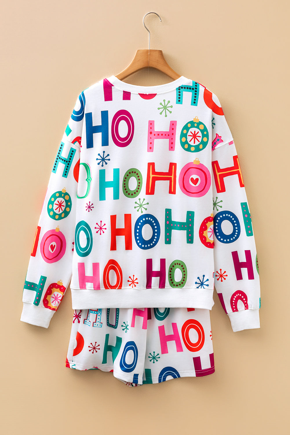 Christmas Long Sleeve Top and Shorts Lounge Set in White, styled view
