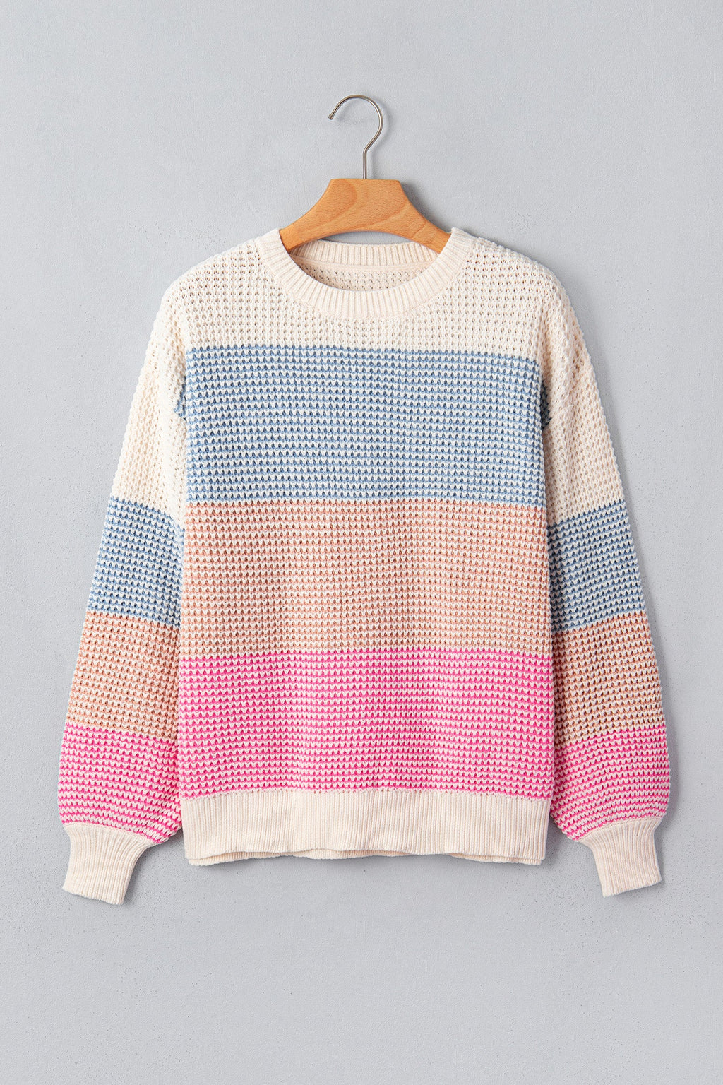 Colorblock Stripe Round Neck Sweater in light blue, detail