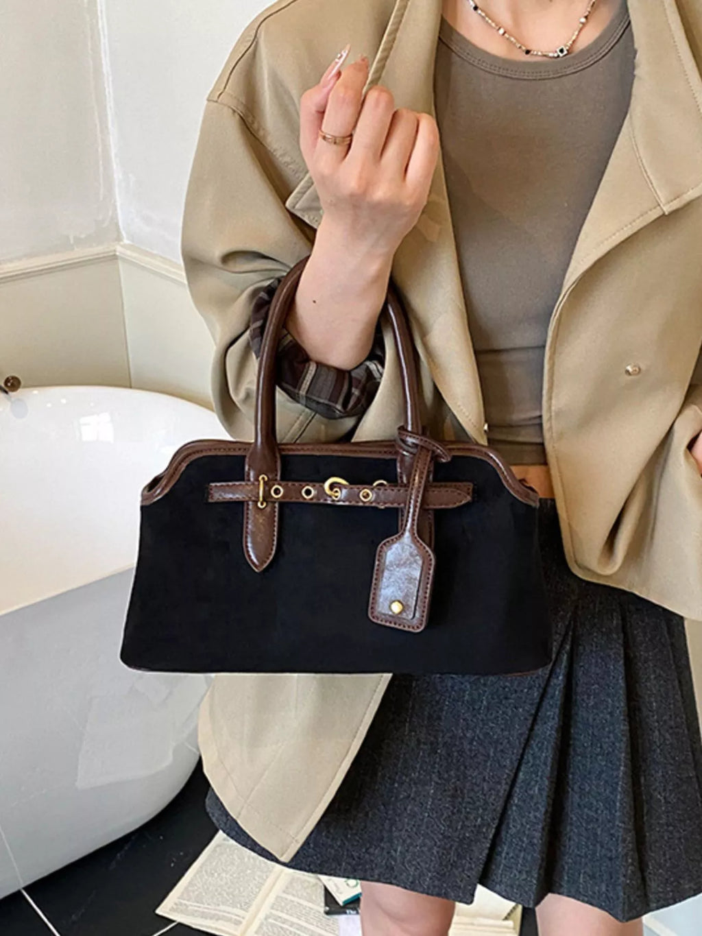 Suede Buckle Detail Handbag in black, coffee brown, green and yellow, front view