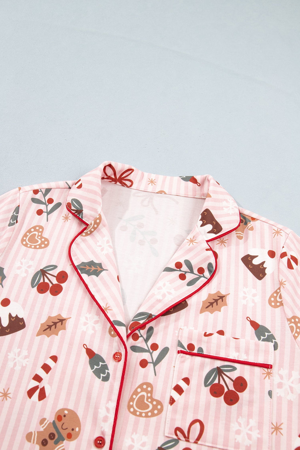 Christmas Stripe Top & Shorts Pajama Set in pink, back view