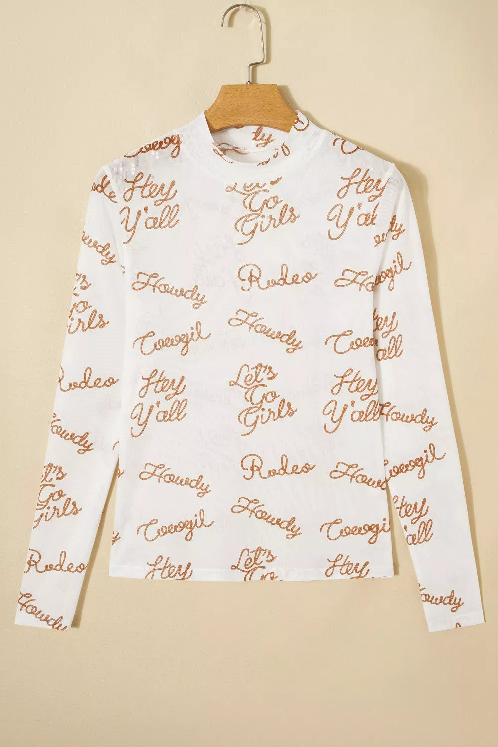 Howdy Hey Yall Mesh High Neck Long Sleeve Top in White - back view