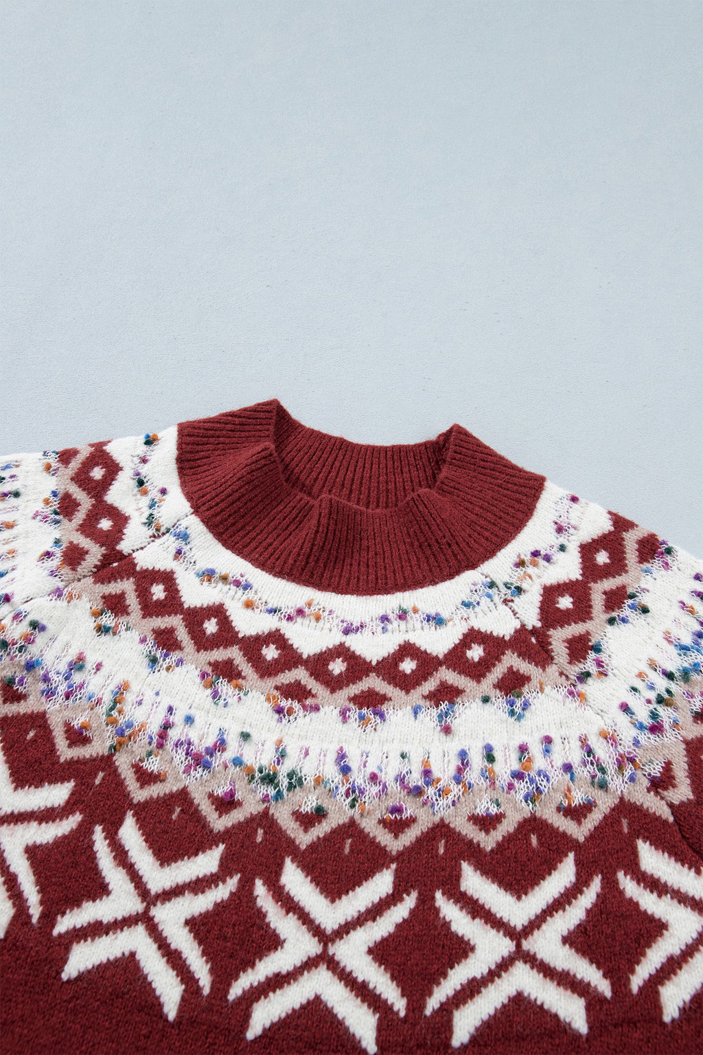 Christmas Fair Isle Raglan Sweater in chicory coffee and red dahlia, back view
