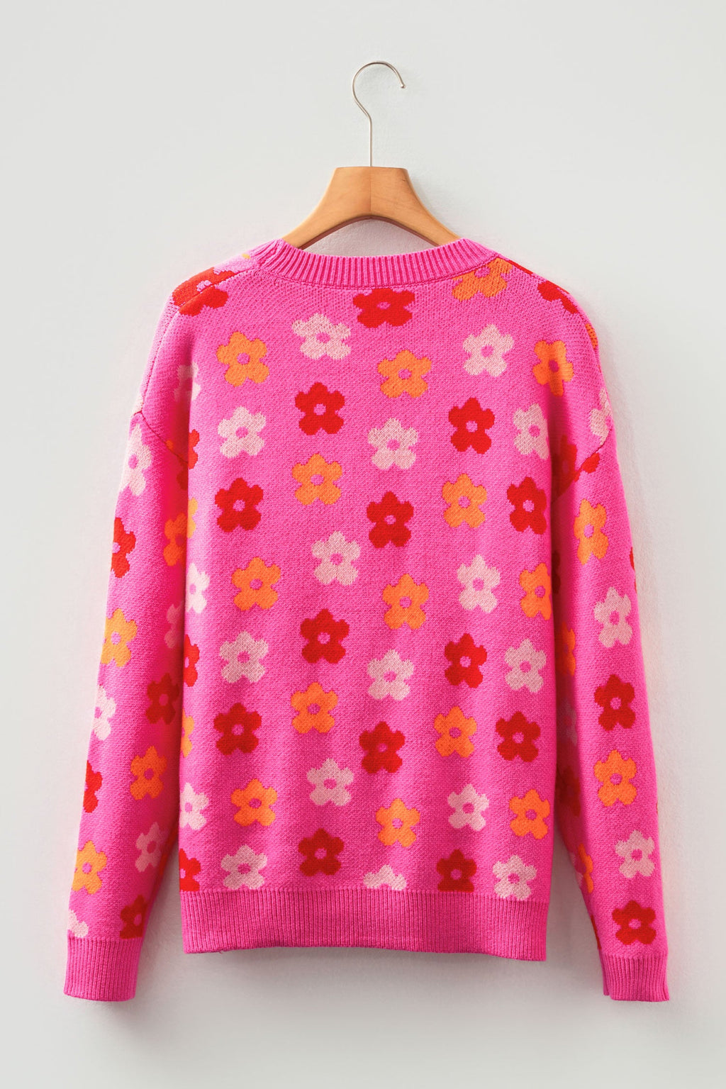 Flower Ribbed Trim Drop Shoulder Sweater in rose, side view