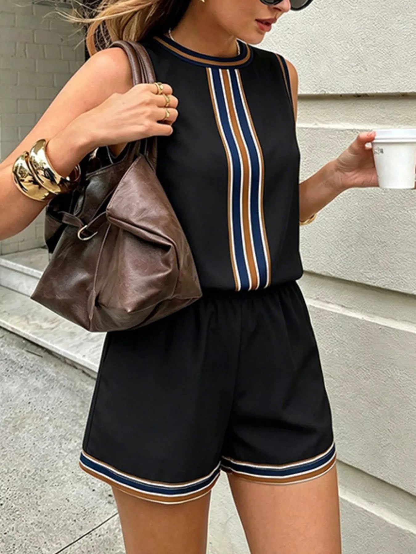 Striped Sleeveless Top and Shorts Set, available in White and Black — pocketed two-piece polyester outfit