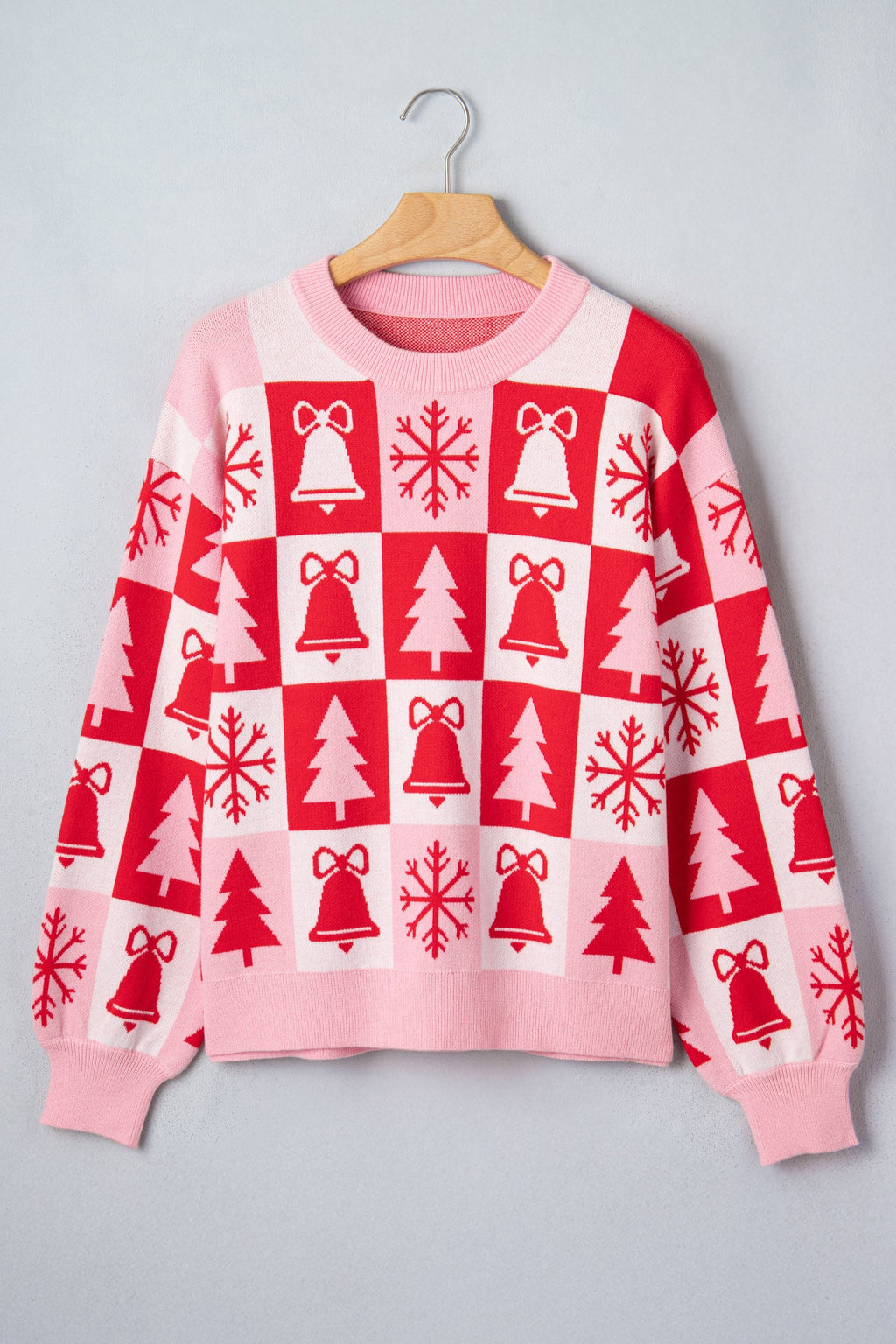 Christmas Checker Sweater in pink, detail view