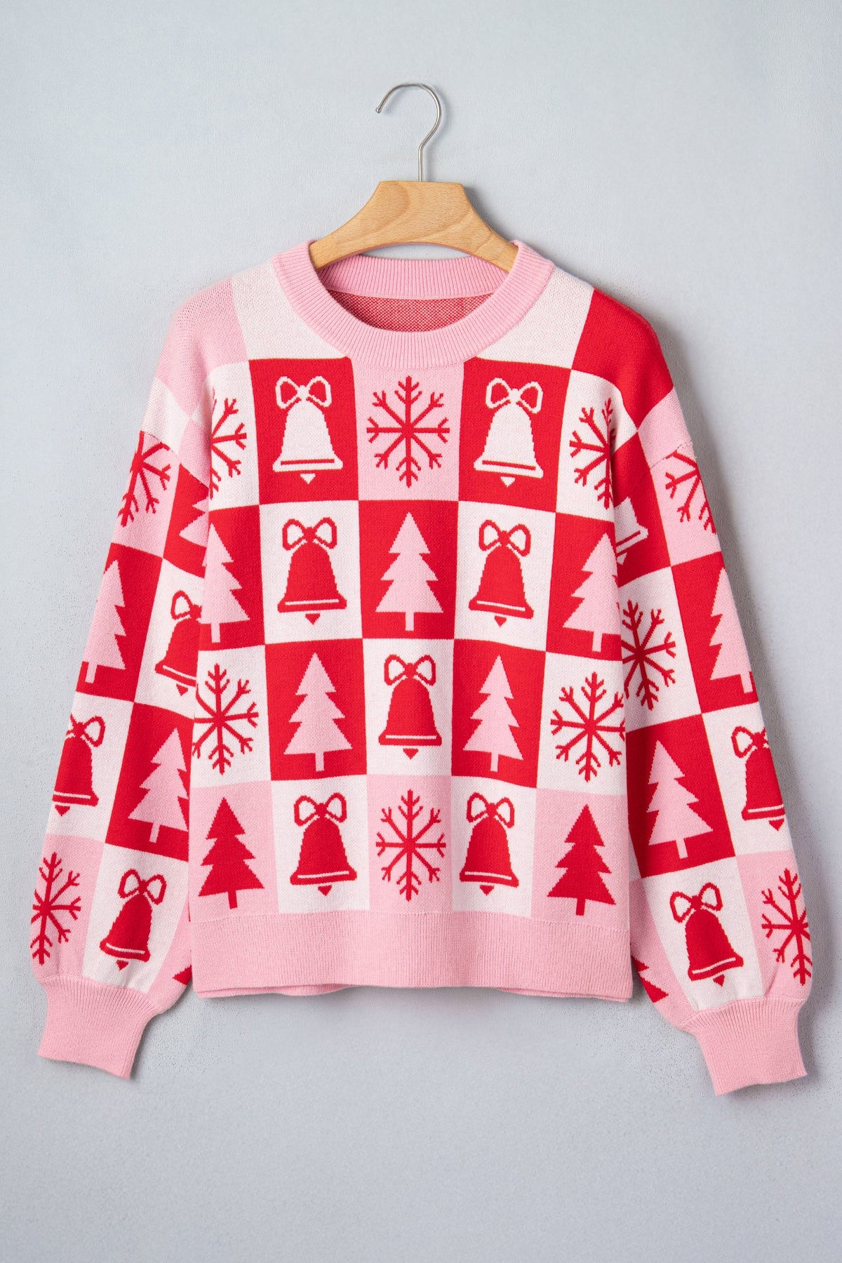 Christmas Checker Sweater in pink, detail view