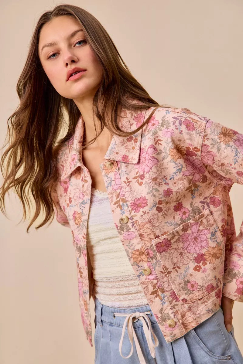 SO ME Floral Print Cotton Twill Button Down Barn Jacket - side view