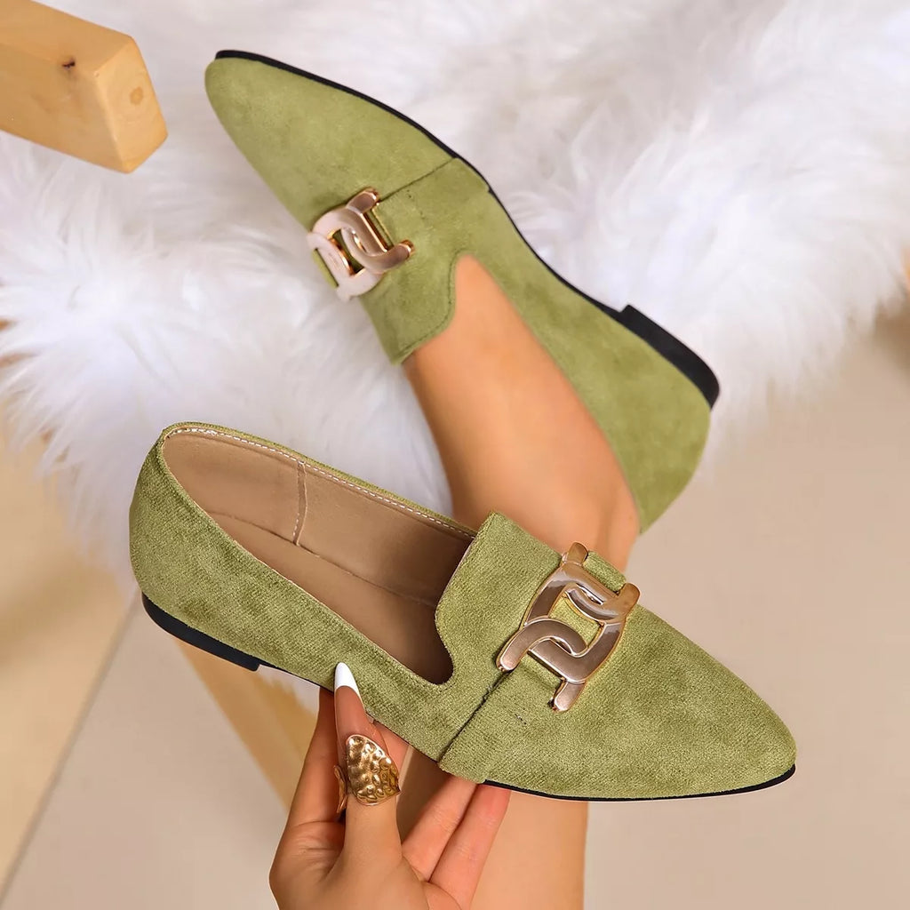 Pointed Toe Chain Detail Loafers in matcha green, black and pink, back view