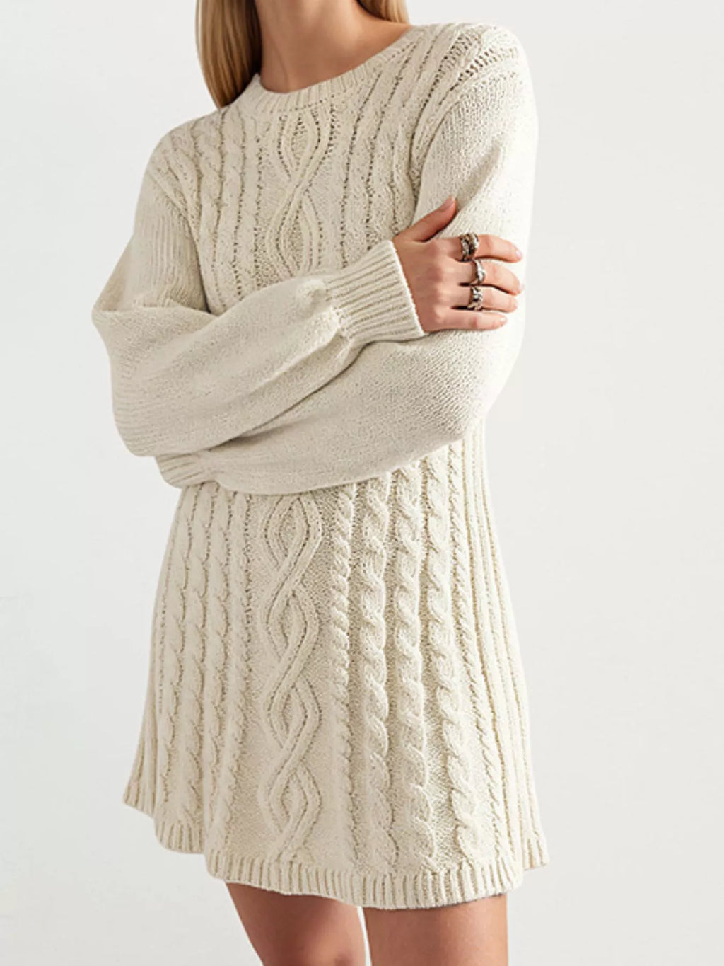 Cable knit sweater mini dress, back view