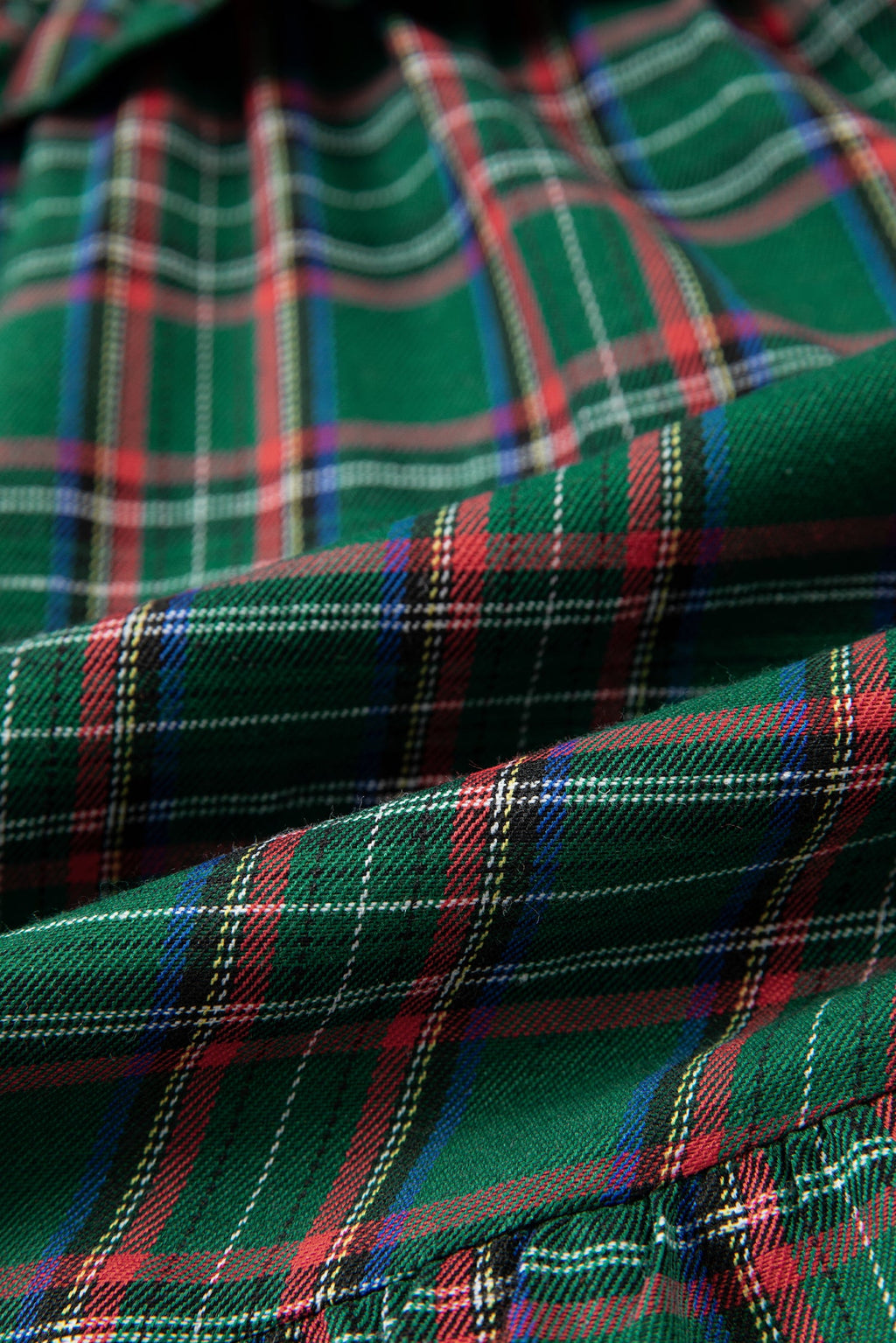 Plaid Shirred Scoop Neck Short Sleeve Mini Dress in Green, close-up detail