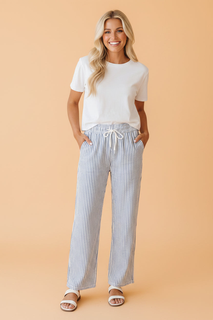 Stripe Drawstring Elastic Waist Wide Leg Pants in Blue Stripe - front view showing wide leg silhouette