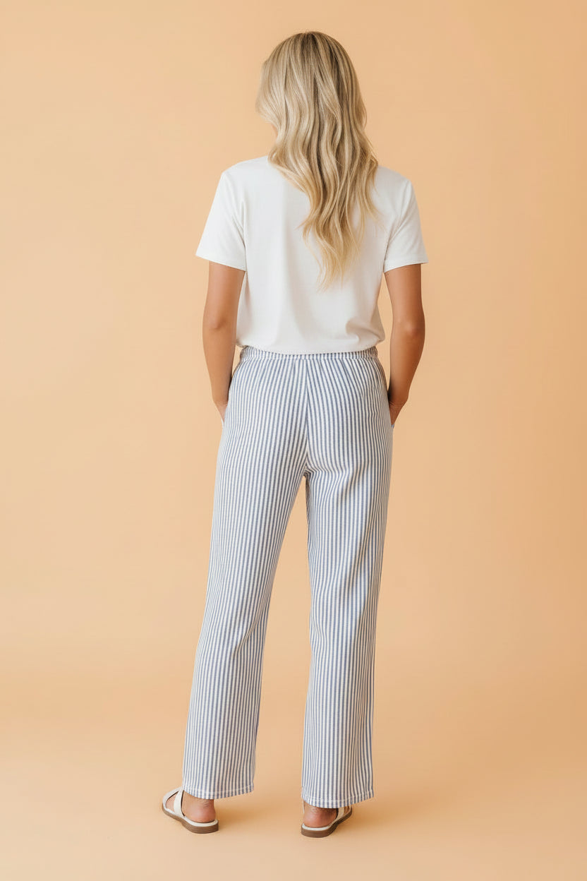Stripe Drawstring Elastic Waist Wide Leg Pants in Blue Stripe - back view