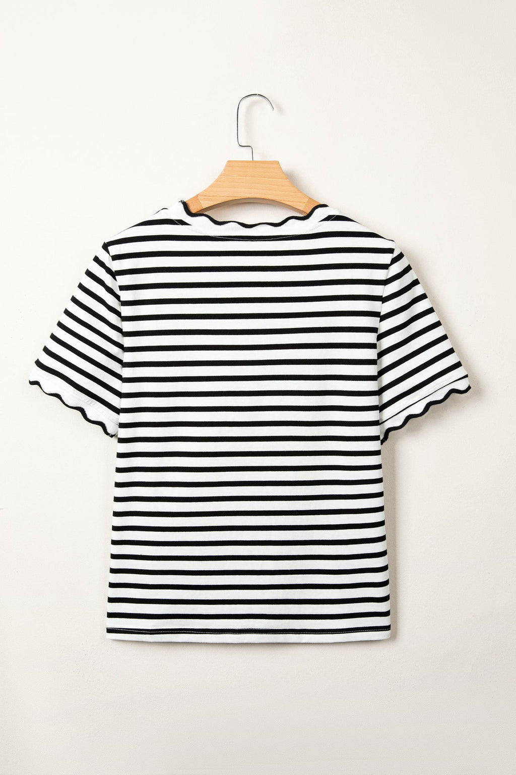 Stripe Scalloped Trim Round Neck T-Shirt - close up of scalloped trim and stripe detail