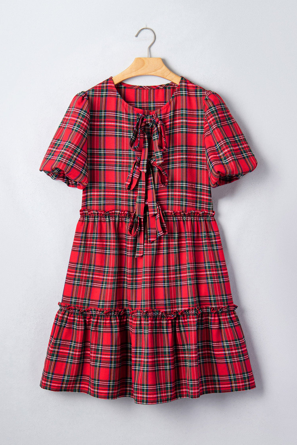 Plaid Bow Tie Neck Short Sleeve Ruffle Mini Dress in Red, detail view