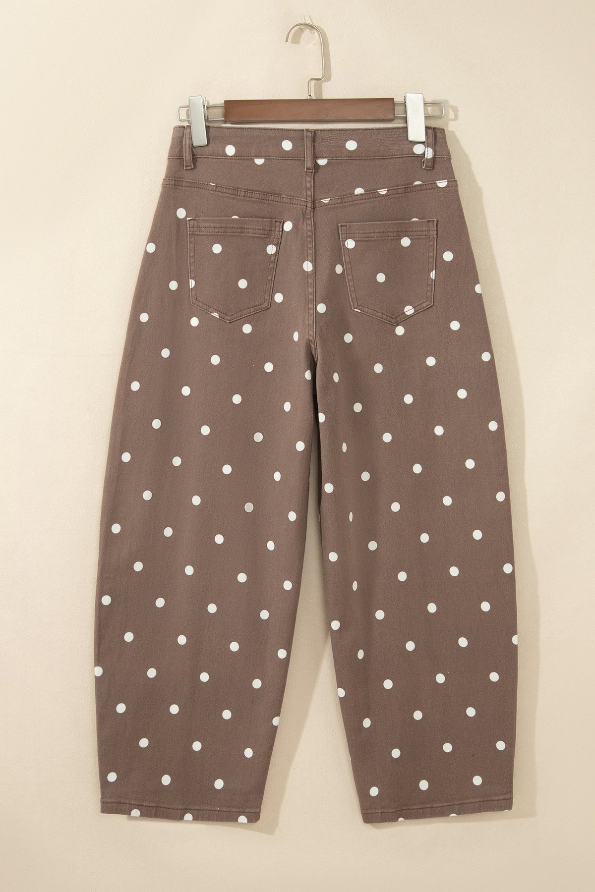 Polka Dot Denim Barrel Leg Jeans in brown, side view