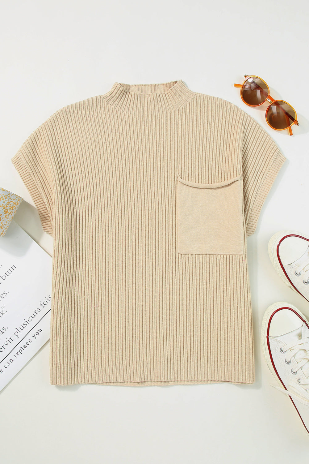 Ribbed Knit Patch Pocket Short Sleeve Top in multiple colors, additional view 9