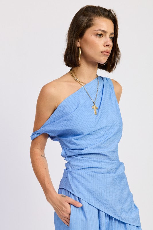 Elsie Asymmetrical Top in Blue Black Stripe - back view