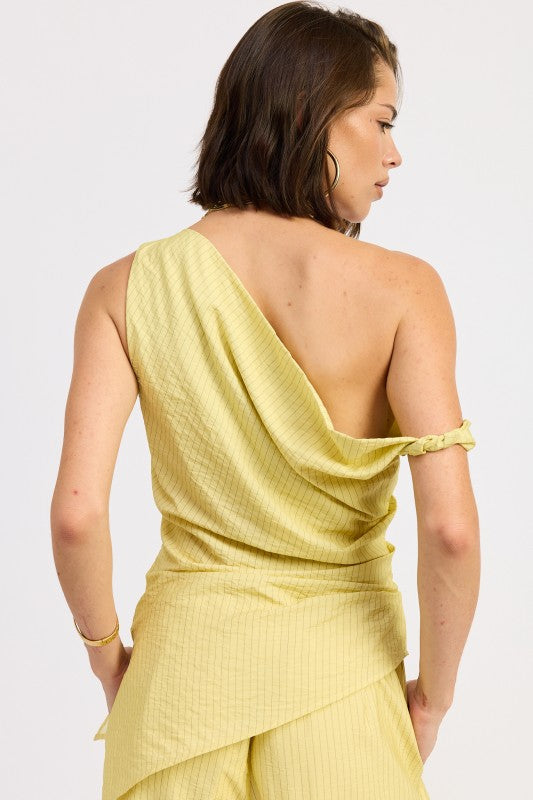Elsie Asymmetrical Top in Yellow Black Stripe - styled outfit view