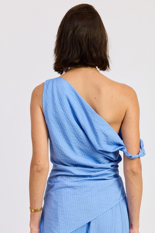 Elsie Asymmetrical Top in Blue Black Stripe - side view showing asymmetrical detail