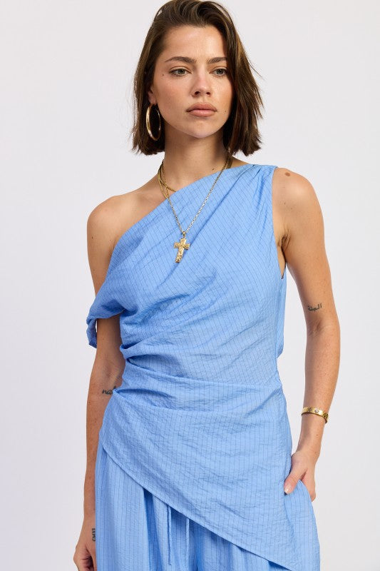 Elsie Asymmetrical Top in Blue Black Stripe - front view showing asymmetrical hem
